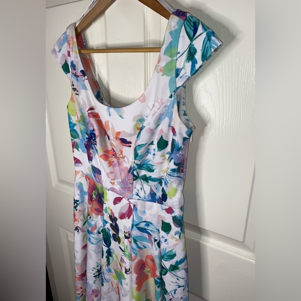 Calvin Klein White & Colorful Floral Formal Midi Dress Size 8 Beautiful - Picture 4 of 8